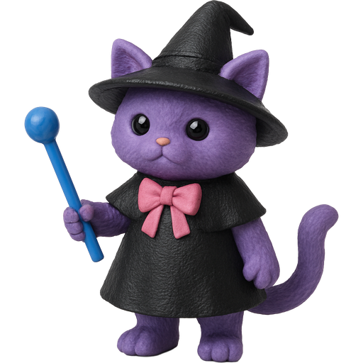 toy version action figure version purple cat with black witch costume pink ribbon holding a blue wand toy version action figure version