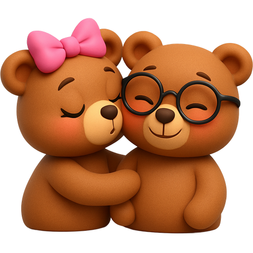 a brown bear with a pink bow giving another brown bear with glasses a kiss on the cheek while she’s blushing and he’s smiling