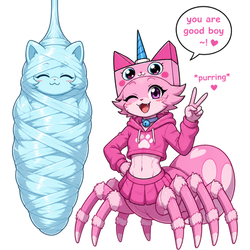 wrapped up and mummified fully covered in a #B8FFFF spider slik cocoon shaped like anthro femboy boykisser arms behind back with #B8FFFF spider slik wrappings completely covered with thick layers non-transparent #B8FFFF spider slik wrappings hanging on ceiling i'm nice and snugly in a cocoon thank you! unikitty drider *purring* next to happy anthro femboy pink cat drider doing victory sign based on unikitty you are good boy thank you! boykisser