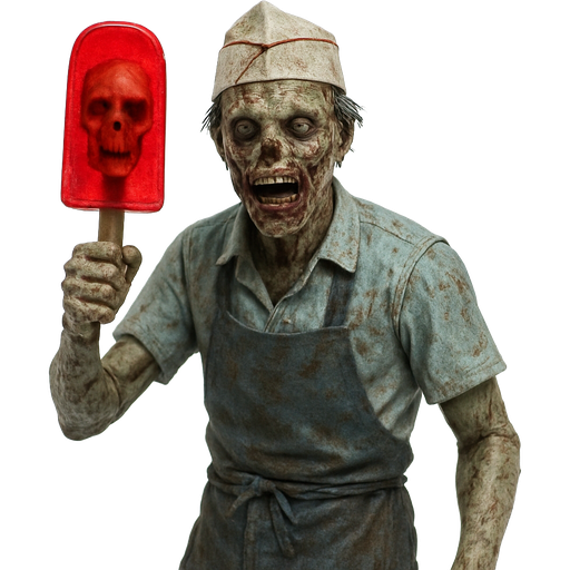 action figure version zombie ice cream vendor with a red popsicle with a skull inside it action figure version