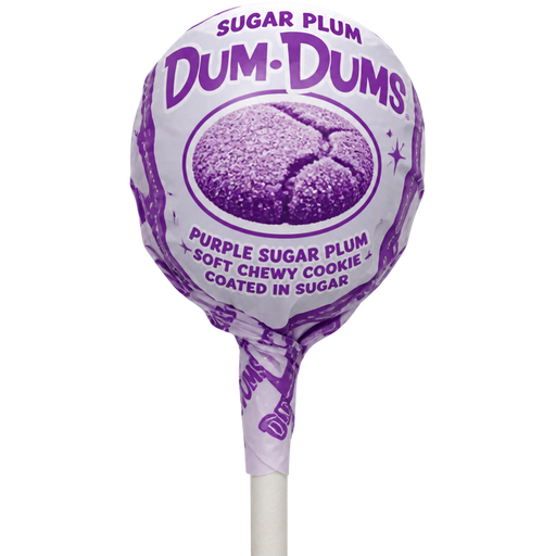 Dum-Dums Sugarplum with a Print of a Purple Sugar Plum Soft Chewy Cookie Coated in Sugar on the Lollipop