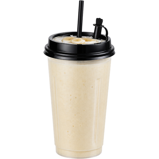 Coconut Banana Cream Smoothie with a 32oz PP Injection Cup and a Premium Plastic PP Black Lid with an Attached Stopper including a Straw on Top of It Infused with Yogurt Blended with Banana and Coconut Milk