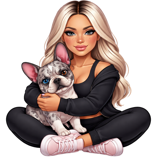 A thicker waisted baddie woman with icy blonde hair parted dark in the middle and grey colored almond shaped and many freckles across the nose sitting in the middle of a yoga pose in black workout clothes open black sweater black tank top covering her stomach and light pink adidas hugging a grey blue spotted merle french bulldog with one blue eye and one brown eye