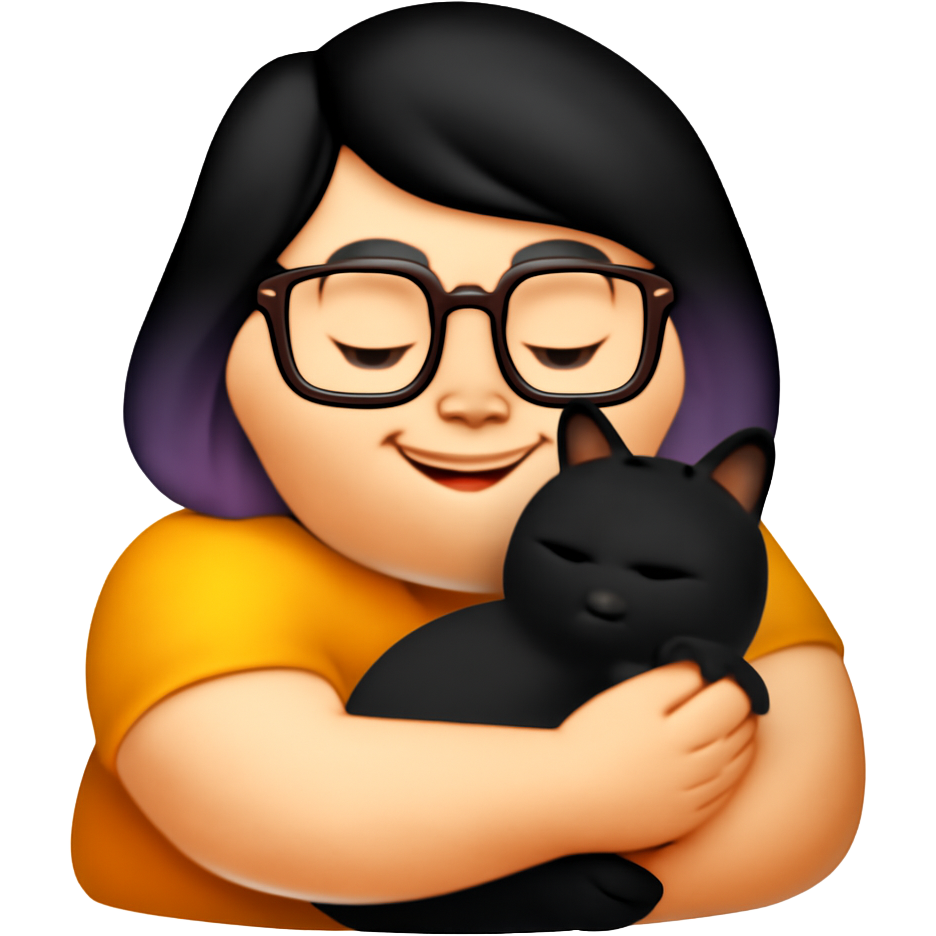 Can you make a chunky girl with black hair on top and purple hair underneath with black square glasses hugging black cat
