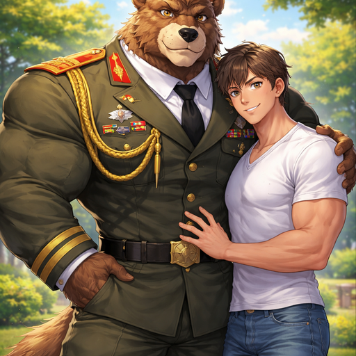 A Full BODY and FACE of a Muscular and Buff and a Gigantically Muscular with Chunky Gigantic Pecs AND biceps and a BIGGER head with the Perfect Waist. VERY Masculine and handsome Anime Bara Furry Grizzly Bear with a Very Good-looking and Mature Face and brown eyes with a wrestler type body. Dressed in a normal sized Military genaral Uniorm. With his Human Boyfriend wearing a white shirt and jeans. Taking a picture with his hands around his waist. At the Park