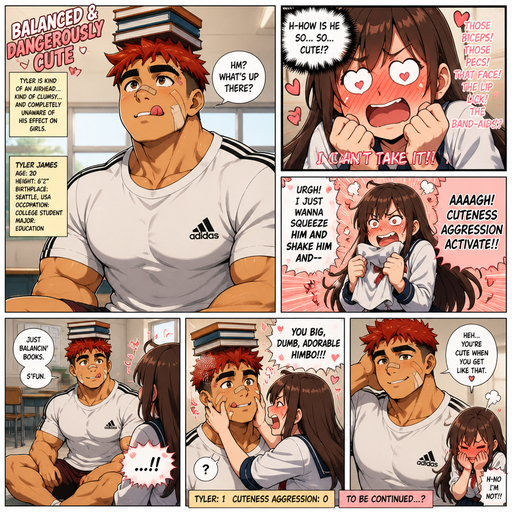 A Full page Anime Comic book story about of a masculine and Bulky ANIME Cute Bara Man American 20 year old with a ROUND and BASIC facial structure and TENAGE BARA CUTE MALE not to detailed With bigger than average Pecs that are visible through the shirt and Biceps and a big Bandaid on his nose and Left Cheek and Right Eye brow. Wearing a no piercings Baggy White Adidas Athletic shirt and Short and Red Hair and Bright Orange Hair Tips and Strait with brown eyes and black eyebrows. Sitting down looking up And Balances Books on his head and Licking his lips and making her blush and having cuteness aggression against him