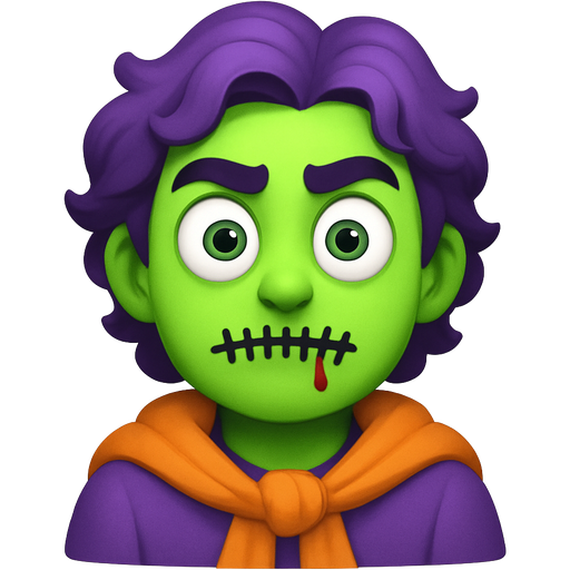 A male character He has wavy purple a bit long hair, and wears a purple shirt with an orange jacket tied around his shoulders, his eyes are green, he has bugged eyes and he has thick, sharply exaggerated high eyebrows, he should have green skin, his mouth should be black wired shut and his mouth should be kinda bleeding like not much