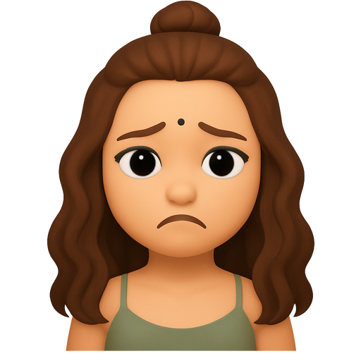 Woman with half bun half down wavy hair, big eyes, small black 1mm bindi on forehead, sage green cami top, cute frowning