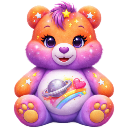 Starlight Love Care Bear with Gradient Pink/Purple Ombré Blended Pattern Fur and Orange Ears, Paws, Feet and The Upper-Half of the Face is also Orange with Shooting Stars and Lightning Strikes on the The Paws, Upper Face, Ears and Feet with a Smiling Sliver Saturn with the Ring being Half Silver and Pink Next to a Rainbow Shooting Pink Heart with Yellow, Pink, and Blue Stars Surrounding it on the Stomach with White Twinkles in the pupils of the eyes and Purple and Pink striped Tufts of hair and a Purple Heart Nose