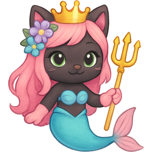 black cat smiling pink long hair golden crown purple and blue flowers green eyes light pink gloves very long cyan mermaid tail with pink fins swimsuit cyan holding a golden trident lunakittyfox style fan character emoji, expressive cute style