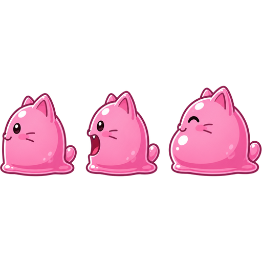 pink slime cat side view next to pink slime cat open mouth side view next to pink slime cat with full belly side view