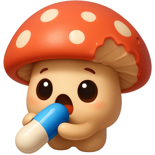 Really really cute mushroom that eats a pill and that the hat is being chewed on more and more. The idea is that the pill ease eating up the mushroom hat