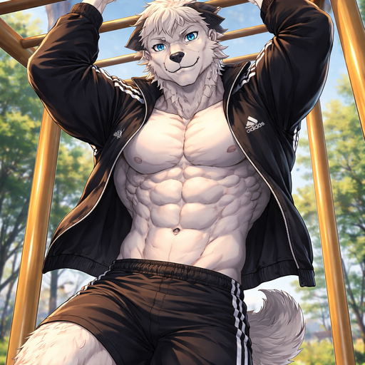 A Anime Full BODY and FACE of a Muscular and Buff with Gigantic Pecs AND biceps. VERY Masculine and handsome Bara Furry Sheep Dog with a Very Good-looking , Dreamy and Mature Face but short hair and Blue eyes with a wrestler type body. Dressed in a Athletic Adidas Jacket. Hanging off Monkey Bars