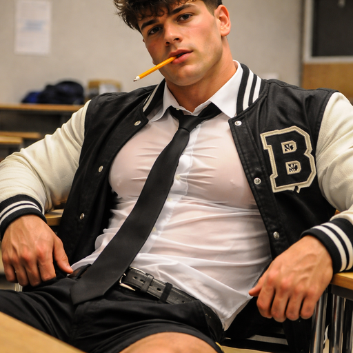A Real life Full Body Image of an Incredibly Muscular American White skinned Teenager Jock with a Basic and Round Facial Structure with Dark Brown hair and brown eyes and Big Pecs that Are Noticeable through the Short with a Grotesque and Huge wrestler’s body. Buttoned up wearing a Tight Buttoned School Uniform shirt with A Black Tie and a Leatherman Jacket Over with a Logo on it. Leaning back in his Chair holding a Pencil in his Mouth. Holding his Chair and Sweaty