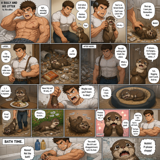 A very lifelike and Detailed Full page Anime Comic book story about of a Bulky ANIME Cute Bara Man American 20 year old with a ROUND and BASIC facial structure and Young Adult BARA CUTE that is Peach Toned skin not anything else MALE not to detailed With bigger than average Pecs that are visible through the shirt and Biceps and a big Bandaid on his nose and Left Cheek and Right Eye brow with Scars all over his Chest and arms. Wearing a white shirt that is tight around the waist and Jeans drenched in sweat and Short and Brown strait Fluffy Hair and Strait with brown eyes and black eyebrows with a Three finger Slash on his Eyebrow. With no Facial Hair. Waking up in the morning in pajamas and his pet Unathletic otter but Excessively bully’s it. And when he comes back from work he sees the otter right we’re he left him with trash around him and made a mess. He makes dinner and the Otter doesn’t even eat dinner and cries and asks for some and then looses his tail. And the otter Receives Discipline that. Then goes to cry in his dog bed but gets Dragged and then crawls back inside at the Door from sniffing flowers and rolling in the dirt and the otter try’s to act cute but doesn’t work he excessively bully’s him more. And takes him to go get a bath