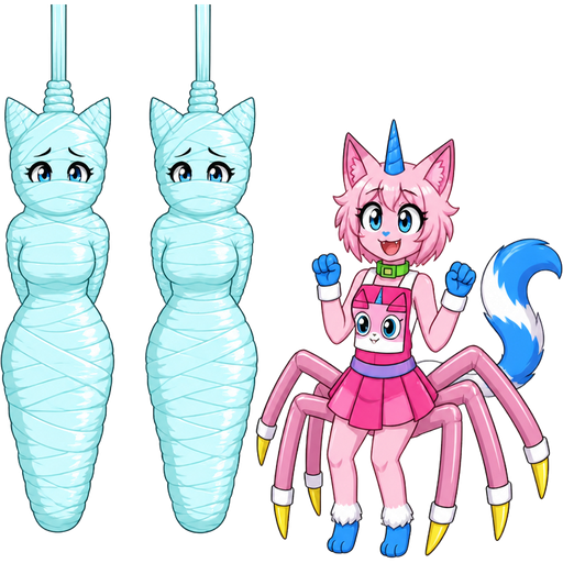 wrapped up and mummified fully covered in a #B8FFFF spider slik cocoon shaped like anthro female cat anthro worried arms behind back with #B8FFFF spider slik wrappings completely covered with thick layers non-transparent #B8FFFF spider slik wrappings hanged to the ceiling on the left side next to wrapped up and mummified fully covered in a #B8FFFF spider slik cocoon shaped like anthro female cat anthro worried arms behind back with #B8FFFF spider slik wrappings completely covered with thick layers non-transparent #B8FFFF spider slik wrappings hanged to the ceiling the left side next to happy anthro femboy pink cat drider with blue and white tail white wrists blue hands white ankles yellow tips on spider legs green collar blue unicorn horn wearing femboy clothing based on unikitty