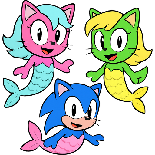 pink cat with light cyan hair a light cyan mermaid costume green cat with light yellow hair a light yellow mermaid costume blue cat with light pink hair a light pink mermaid costume sonic x version
