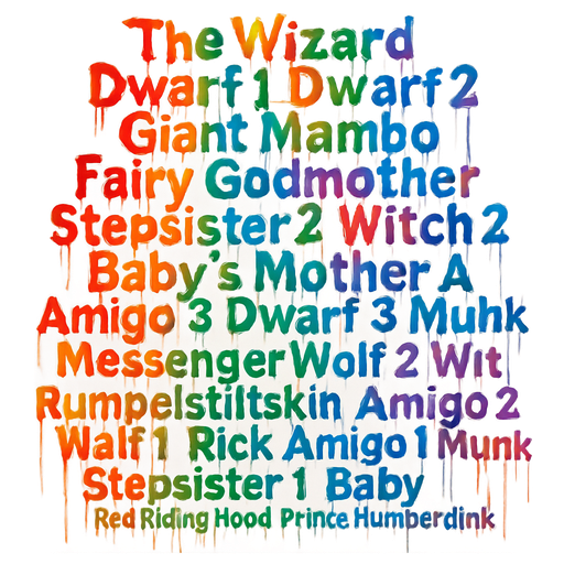 The Wizard/ Dwarf 1/Dwarf 2/Giant/ Mambo/ Ella/ Fairy Godmother/ Stepsister 2/Witch 2/Baby's Mother/ Amigo 3/Dwarf 3/MessengerWolf 2/ Witch 1/ Rumpelstiltskin/ Amigo 2/ Wolf 1/ Rick/ Amigo 1/ Munk/ Stepsister 1/ Baby/ Red Riding Hood/ Prince Humperdink/ Frieda