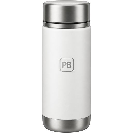 Diseña un emoji estilo Apple/iOS de un termo térmico premium para artículos promocionales. El termo debe tener un diseño moderno, elegante y minimalista, con un cuerpo principal en color blanco mate y detalles en gris metálico cepillado en la tapa y la base. En el frente incorpora un pequeño logotipo genérico con las letras ‘PB’, simulando un termo corporativo personalizado para empresa. El acabado debe transmitir alta calidad, con reflejos sutiles sobre el metal, textura mate en el cuerpo, iluminación suave y sombras delicadas. Mantén el estilo característico de los emojis oficiales de Apple: tridimensional, bordes redondeados, degradados finos, proporciones equilibradas y alta legibilidad en tamaños pequeños. El termo debe aparecer centrado, ligeramente en perspectiva frontal, con fondo transparente y una apariencia indistinguible de un emoji oficial de iOS.