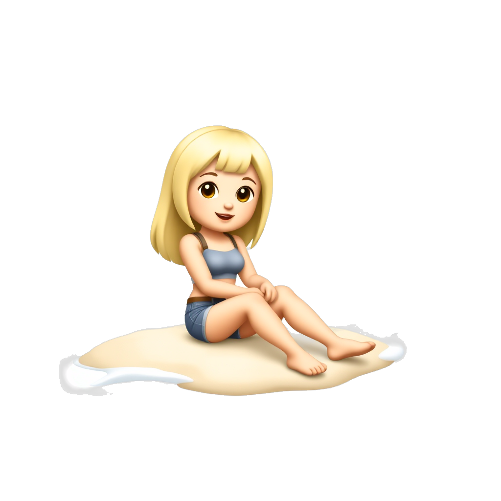 “A cartoon-style emoji of a girl sitting on the edge of the beach, right where the waves touch the sand. She is wearing casual beach clothes, with her hair highlighted blonde. The scene includes soft ocean waves, bright daylight, and a calm, sunny sky in the background.”