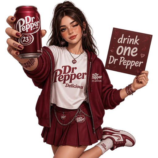 Drink more Dr Pepper it’s delicious with a Dr Pepper tattoo on the hand while they’re holding a can of Dr Pepper showing it to the crowd and then the other hand, a sign that says drink one Dr Pepper and normal shirt. It has Dr Pepper delicious and a hoodie that says Dr Pepper it’s delicious and a skirt that’s the color of Dr Pepper stuff and Dr Pepper shoes and Dr Pepper bracelets and brownish dark hair and it’s a girl