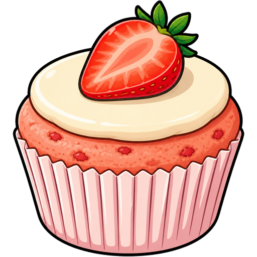 ghibli style | strawberry cupcake with a thin layer of flat-top cream-cheese frosting | ghibli style | vector-cartoon | glossy cel-shading | bold smooth black outlines