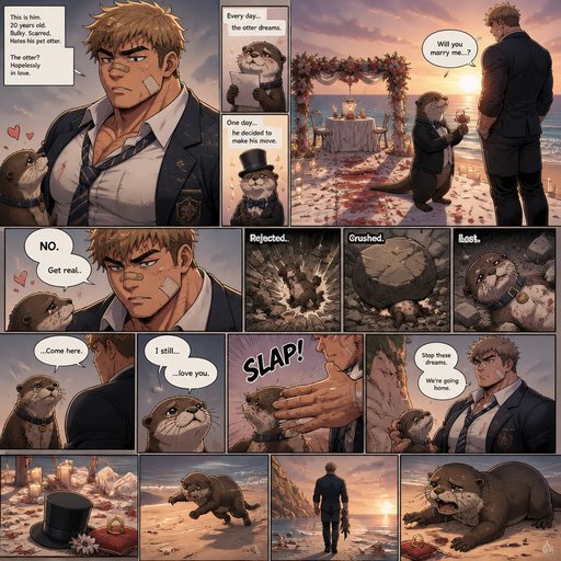 A Lifelike and Detailed Comic book story about of a Bulky and Beefy and every Muscle is bigger than average and less shredded or muscular with Chunky and Bulky chest and Biceps and his defined abs ANIME Cute Bara Man American 20 year old with a ROUND and BASIC facial structure and Young Adult BARA CUTE that is Peach Toned skin not anything else MALE not to detailed With bigger than average Pecs that are visible through the shirt and Biceps but slim and Athletic Lower body that makes have a V-Tapper Lower Body and a big Bandaid on his nose and Left Cheek and Right Eye brow with Scars all over his Chest and arms. Wearing a no piercings Wearing a baggy School Uniform and tie with Blazar and Pants and yellowish Brown Hair and Bright Light Brown fluffy Hair and Strait with brown eyes and black eyebrows with a Three finger Slash on his Eyebrow. With no Facial Hair.His Pet Otter that he excessively bullies that has a Collar and has a Huge Crush on him but he doesn’t like the otter back. And the otter one day dressed up re ly nice and with a top hat on creates a huge ceremony at the beach to marry him and he says no and the otter is throw at rock and a bolder falls and he pushes the rock down more and he looses. And then The otter calls him over and he goes to the otter and the otter says i still love you. And his hand flys across his face and he the is Silenced. And the otter flies into his pen and he picks him up and says stop these dreams we’re going home. And he leaves the hat and ring there. And the otter jumps from his grip and goes back to get the ring but then when he turns around goes to him he gets rejected