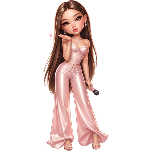 semi-realistic soft cartoon luxury glam, mini plush Bratz-doll aesthetic, cinematic glow, crisp clean detail, glossy glam skin. brown eyed Petite 5ft girl, fair skin with soft freckles, wide face with tall forehead, honey-brown almond wide-set upturned eyes, fluttery lashes, shimmer highlight, plush lips, bottom heavy lip, sweet Belle-princess vibe, long straight brunette hair with visible caramel highlights, wearing a blush pink corset top with silky wide-leg pants, crystal jewelry and strappy heels, blowing a kiss while holding the mic low at her side