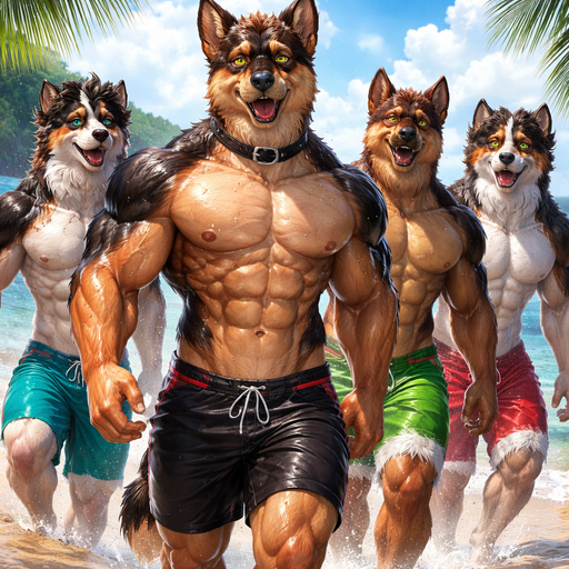 A Full Body and Facial Image of a Hunky and Chunky a Very Hot and Handsome German Shepard mixed with a Australian Shepard bara furry who is a Extremely muscular and Extremely big Body features and Ginormous Pecs and Chest Masculine and Handsome and Ginormous Arms and a Rounded Pecs very Short Strait Hair but tall and slightly lean. Collared Shorts with his 3 Brothers getting out of the water Looking Attractive