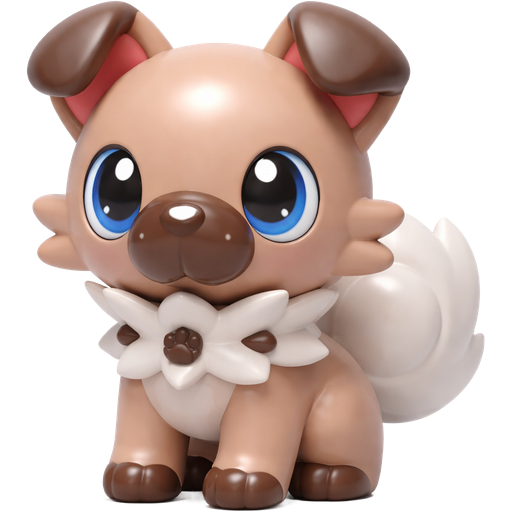3D emoji-style vinyl figure of Rockruff, smooth glossy plastic surface, collectible toy appearance, rounded chibi proportions, light brown body with white ruff and muzzle, simplified ears and fluffy tail (still vinyl, not plush), big shiny expressive eyes, clean solid colors, subtle shine and reflections, soft studio lighting, clean white background, looks like a vinyl collectible figure, no fabric, no fuzz, no plush texture