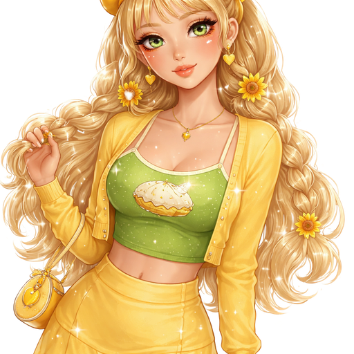 Lemon Meringue From Strawberry Shortcake with a Fair-Light Warm Vanilla Skin Tone and a Down-Turned Lip Shape Moving into a Supernova Eyelash Set Up and a Starry Eyed Lipstick Finish with a Ombré Yellow and Orange Eyeshadow with a High-Tail Arch Eyebrow and a Round Eye Shape Wearing a Yellow Beret with a Flower on the Top With Light Yellow Blonde Hair and bangs with a Half up Hair-Style adding Bubble Braids and Yellow Sunflower Clip Scrunchies Wearing a Short Crop Yellow Long Sleeve Cardigan with a Green Tank Top and a Short Green Tank Top Over It and a Lemon Meringue Pie on Top of it and a Yellow Skirt and Yellow Flats with an Adult Toned Build adding a Luxury Glossy Feature