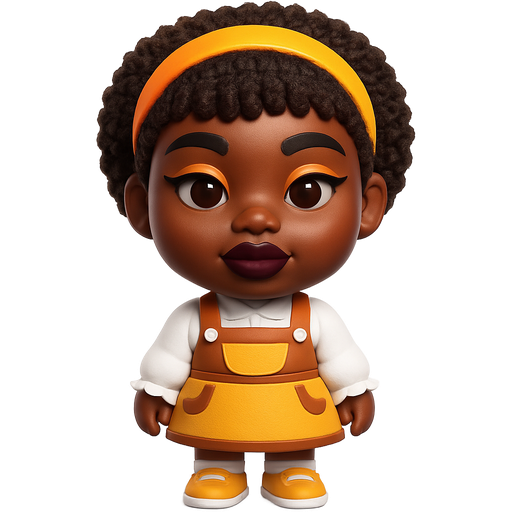 Candy Corn with a Ultra Deep Skin Tone and Heavy Lower Lip Shape with a Dark Plum Purple Matte Lipstick with a Soft Golden Palette Eyeshadow and a Thin Eyebrow with a Upturned Eye Shape and a Round Face Shape With Short Curly Afro-Textured Hair Including Bangs Wearing a Half Orange and Half Yellow Crescent Headband with Brown Eyes Wearing a White Long Sleeve Shirt With Ruffles Going around the sleeves Wearing Brown Overalls With Orange Straps and White Buttons With a Yellow Pocket on the Top of the Overalls and The Skirt is Yellow with Brown Pockets and a Brown Trimming with Two White Buttons on the Top of the Shirt Wearing White Socks and Yellow Sneakers with Dark Yellow on the Sides with a Mature Adult Toned Build and a Luxury Glossy with Vivid and 3D Distinct Features With High Visual Textures in a Soft 4K Polished Shine