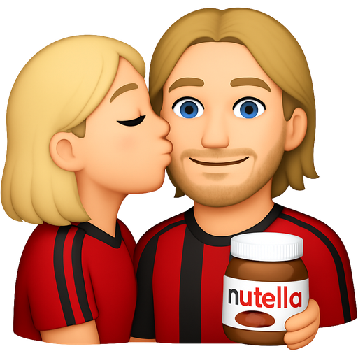 Create a girl with blonde/white with litte bit longer hair to his chin green eyes and cheeks who is wearing a red football jersey eith black stripes kissing a man on the cheeks who has long blonde hair blue eyes red jersey with black stripes and a little stubble smiling holding nutella jar