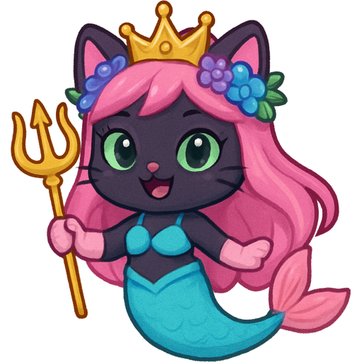 black cat smiling pink long hair golden crown purple and blue flowers green eyes light pink gloves very long cyan mermaid tail with pink fins swimsuit cyan holding a golden trident babybus style fan character emoji, expressive cute style
