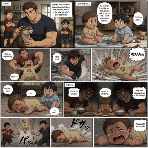 A DETAILED AND LIFELIKEshow everything Long and detailed anime Comic Book story view of a Bulky but Muscular ANIME Cute Bara Man With Peach toned skin Who looks Normal aind round facial Structure and Basic facial structure With Puffy and Big Pecs that are visible through the shirt and Biceps and Bandaid on his nose and Brown short hair that makes them look tough. Wearing normal With his pet Grown and healthy realistic otter and 2 little brothers that despises the baby and the baby knows and baby that are in different ages but young. At the house, the baby is with his best friend baby on a play date and the baby tells the baby‘s best friend that he isn’t favored by the brothers and the baby‘s best friend is scared and the brother‘s hate the baby. And midway through the baby‘s talking ONE OF THE brothers is holding the baby still in one spot with the baby spread out like a starfish In the AIR and the Other brother preps and the runs into the baby. And the Baby flies down to the floor on its side and is weak. and doesn‘t have enough energy to talk back to the friend and is weak and At dinner the baby is golden by the brothers for existing. And the is covered by the shadow of the brothers, and he lowers his head, apologizing for talking about them. and then baby flys few feet up and backnto the floor. And cries