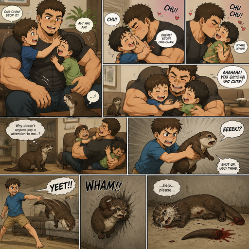 A DETAILED AND LIFELIKE ANIME Comic Book story view of a Bulky but Muscular ANIME Cute Bara Man With Peach toned skin Who looks Normal aind round facial Structure and Basic facial structure With Puffy and Big Pecs that are visible through the shirt and Biceps and Bandaid on his nose and Brown short hair that makes them look tough. Wearing normal With his pet Grown and healthy realistic otter and 2 little brothers that are in different ages but young. And he annoys the little brother’s and he kisses them all over their faces, and they laugh with joy. But the otter is left out and no one cares for him and and a brother picks him up and it flys to the wall and it layed there on its side whimpering and looses its tail and otter cried for help but wasn‘t heard