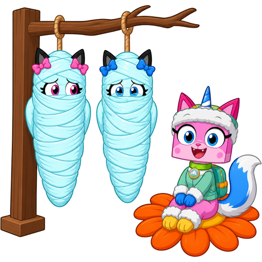 wrapped up and mummified fully covered in a #B8FFFF spider slik cocoon shaped like anthro black cat female anthro two pink hair bows worried with arms behind back with #B8FFFF spider slik wrappings completely covered with thick layers non-transparent #B8FFFF spider slik wrappings hanged to the wooden hook on the left side next to wrapped up and mummified fully covered in a #B8FFFF spider slik cocoon shaped like anthro black cat girl female anthro with 2 blue hair bows whimpering arms behind back with #B8FFFF spider slik wrappings completely covered with thick layers non-transparent #B8FFFF spider slik wrappings hanged to the branch on the the right side next to happy pink cat anthro furry boy arachne with blue and white tail white wrists blue hands white ankles yellow feet green collar blue unicorn horn based on unikitty wearing everest's hat and everest's clothing with everest's backpack sitting on a orange flower