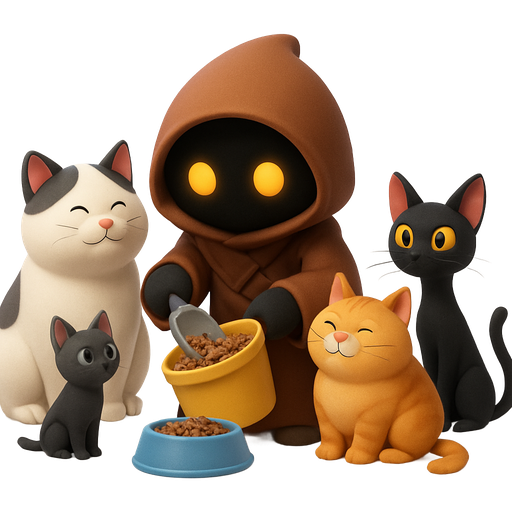 A cute Jawa scooping cat food from a yellow bucket into a pet food bowl. He is surrounded by a large white and black cat, a fat gray tabby cat, a fat orange cat, a skinny black cat, and a small solid dark gray cat