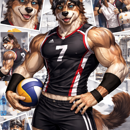 A Full Body and Facial Wallpaper of a Hunky and Chunky a Very Hot and Handsome German Shepard mixed with a Australian Shepard bara furry who is a High school Volleyball player and Extremely muscular but not to muscular and Extremely Masculine and Handsome and Ginormous Arms and a Rounded Pecs very Short Strait Hair but tall and a little bit lean. Wearing Tight Adidas Volleyball Jersey that is short at the waist with Armbands. Posing for a picture holding a Volleyball