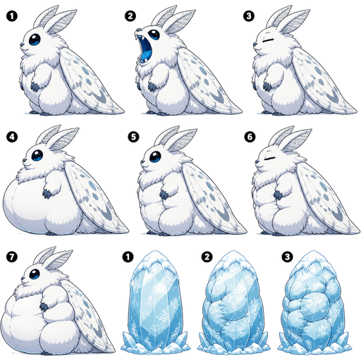 (1 giant snow moth furry idle side view) (2 giant snow moth furry side view with a blue mouth open wide side view)(3 giant snow moth furry side view with a blue mouth closed and eyes closed side view) (4 giant snow moth furry full belly mouth closed side view)(5 giant snow moth fat bulging inwards side view)(6 giant snow moth furry full belly bulging inwards squeezing inwards side view) (7 giant snow moth furry full belly squeezing outwards with bulges side view) (1 ice snow frozen cocoon)(2 ice snow frozen cocoon bulging with squeezing inwards) (3 ice snow frozen slikworm cocoon bulging tightly with squeezing inwards bulges tightly)games sprites (cute cartoon clipart style)