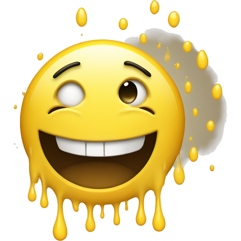 Generic happy smiley emoji with open eyes and closed mouth with yellow dripping effect come from the bottom of the emoji