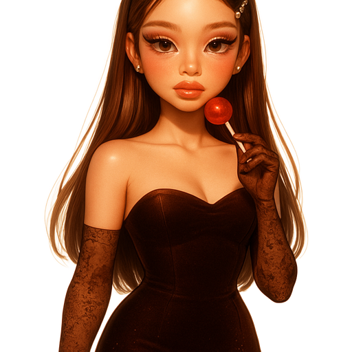 luxury glossy bratz-anime romantic aesthetic, warm cinematic glow, crisp clean detail, glossy glam skin. brown eyed Petite girl, fair skin with soft freckles, long wide face with tall forehead, honey-golden almond wide-set upturned eyes, fluttery lashes, shimmer highlight, plush lips, bottom heavy lip, sweet Belle-princess vibe, long straight brunette hair with visible light blonde highlights, softly defined feminine body, soft hourglass shape with full round bust, strapless velvet mini dress in deep cocoa brown, bodice sculpted seamless, hem dusted with micro-sparkles like faint constellations; sheer lace gloves, fingertips glowing faintly from warm light beneath; caramel heels curved at the toe, glossy finish like melted toffee; hair slicked down center, gleaming, tucked neatly behind crystal-encrusted barrettes; eyelids glazed with cinnamon shimmer fading into rose haze, lashes long and separated like fans; glossy nude lips catching highlights as she moves, cherry-red lollipop in other hand leaving faint kiss-shaped sugar prints. Cozy romantic glow, soft warm lighting, pop-princess energy