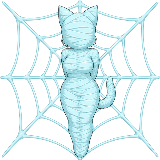 wrapped up and mummified fully covered in a #B8FFFF spider slik cocoon shaped like cat girl anthro with arms behind back with #B8FFFF spider slik wrappings completely covered with thick layers non-transparent #B8FFFF spider slik wrappings stuck in #B8FFFF spider web prison