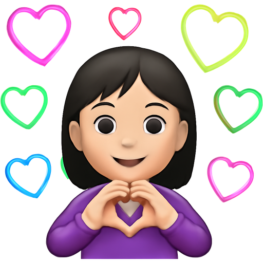Cute girl with black hair making heart with fingers sending love outwards surrounded by many neon coloured heart outlines