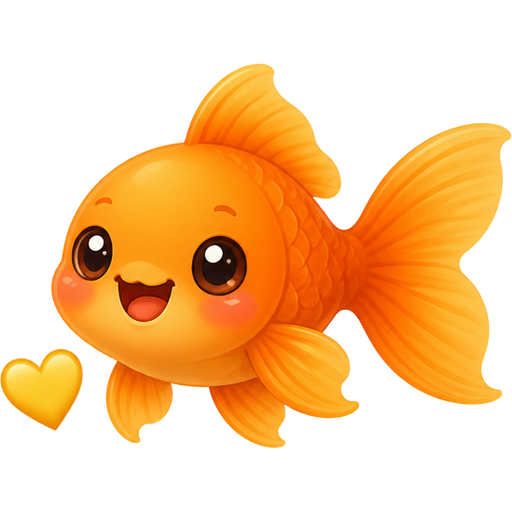 A orange goldfish smiling, with words “morning!” with coffee above! sparkles above the gold fish. a little yellow heart 💛