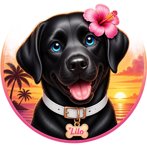 A shiny black lab with blue eyes and a pink hibiscus flower in its hair. A white collar with a tag that says Lilo. Sunset background