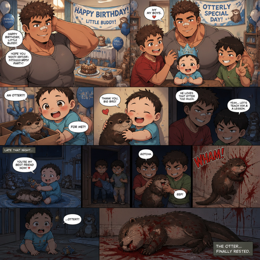 A DETAILED AND LIFELIKE LONG Anime Comic Book story view of a Bulky but Muscular ANIME Cute Bara Man With Peach toned skin Who looks Normal aind round facial Structure and Basic facial structure With Puffy and Big Pecs that are visible through the shirt and Biceps and Bandaid on his nose and Brown short hair that makes them look tough. Wearing normal With his pet Grown and healthy realistic otter and 2 little brothers and baby that are in different ages but young. At the house on the baby‘s birthday and the theme is otters cause he loves otters and for a birthday gift, the baby gets an otter, the the brothers had a different plan late at night when everyone was gone, including the parents, the baby was playing with the otter. And the brothers took the otter and it flew to the wall. And the there was red all over the otter, and the otter finally rested