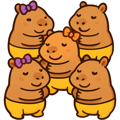 All of them in same picture hugging themselves: Five capybara girl studying with bow on their head and four of them have yellow pants and one orange