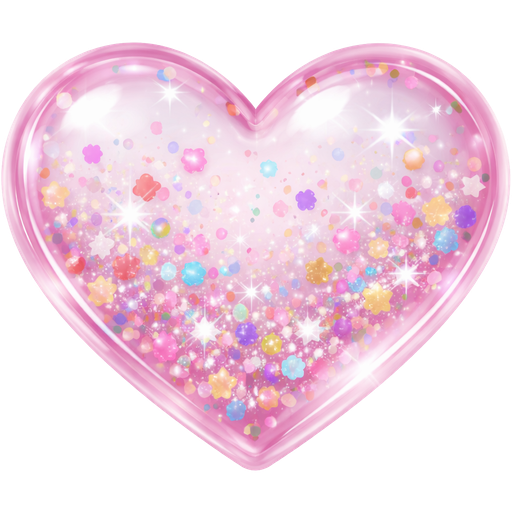 See through 3D heart in light pink and clear filled with confetti colored confetti and white sparkles.