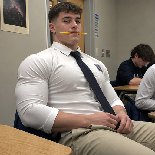 A Real life Full Body Image of a Hugely Muscular American White skinned Teenage Jock with a BASIC and ROUND looking face and Low taper fade with Dark Brown hair and brown eyes and Big Arms and Big Pecs with a Tall Grotesque wrestler’s body. Tight Buttoned up in a School Uniform shirt with a Logo on it. holding a pencil in his Mouth sideways in a chair. And Making the the guy that has a crush on him Blush’s and lookins at him